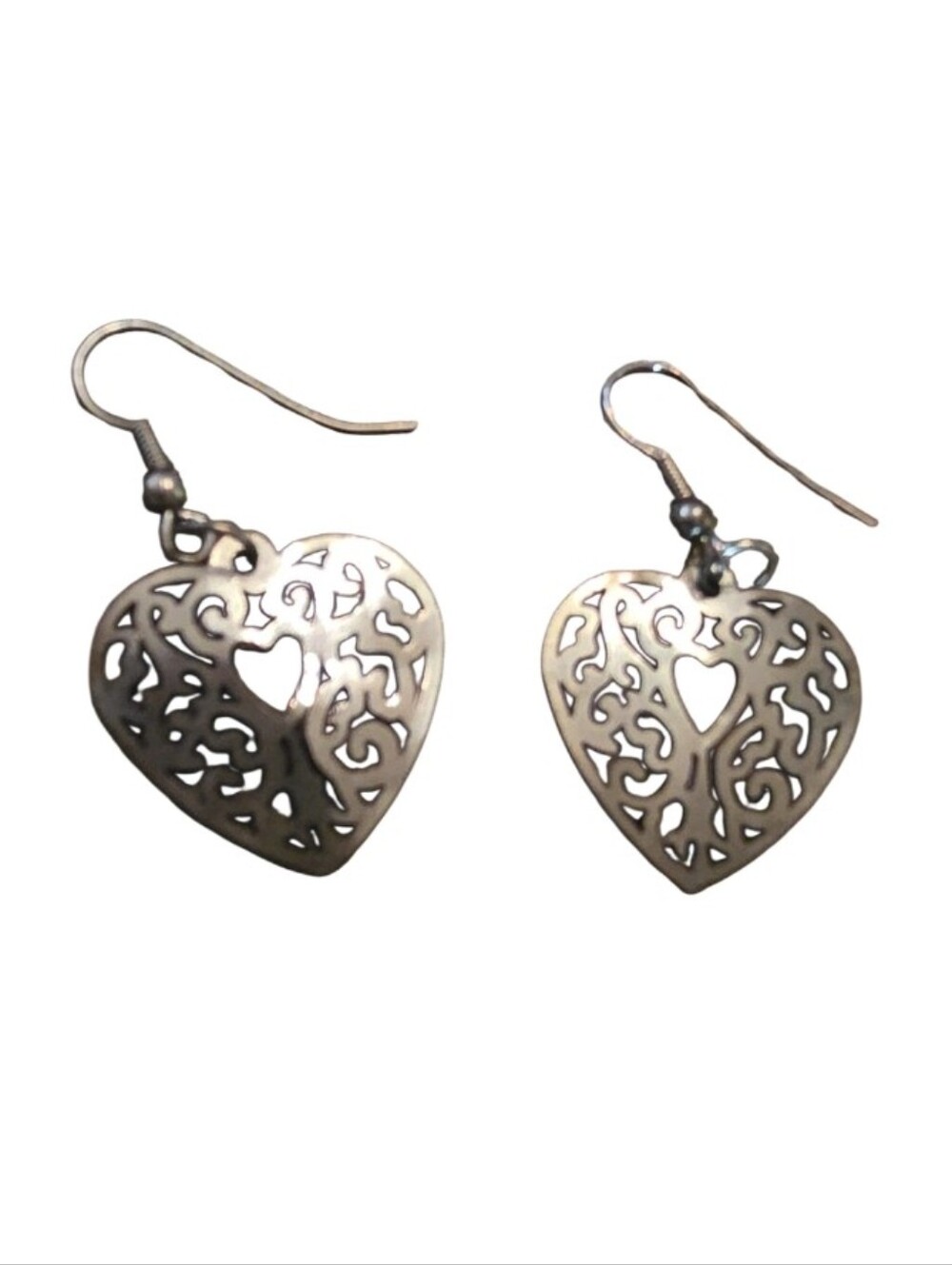 Silver Heart Filigree Drop Earrings - Unbranded
